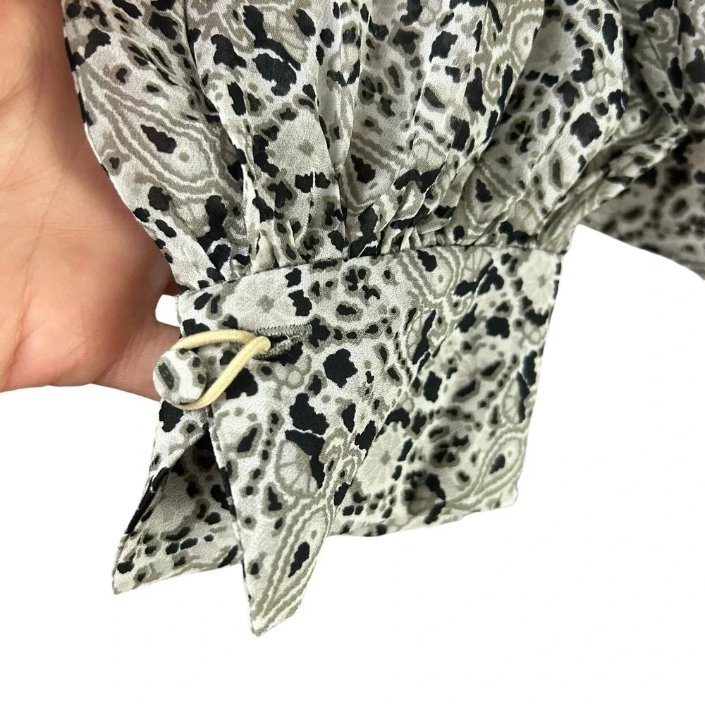 ZARA Paisley BLOUSE L Balloon Puff Sleeve Black White Crop TOP Regency Collared